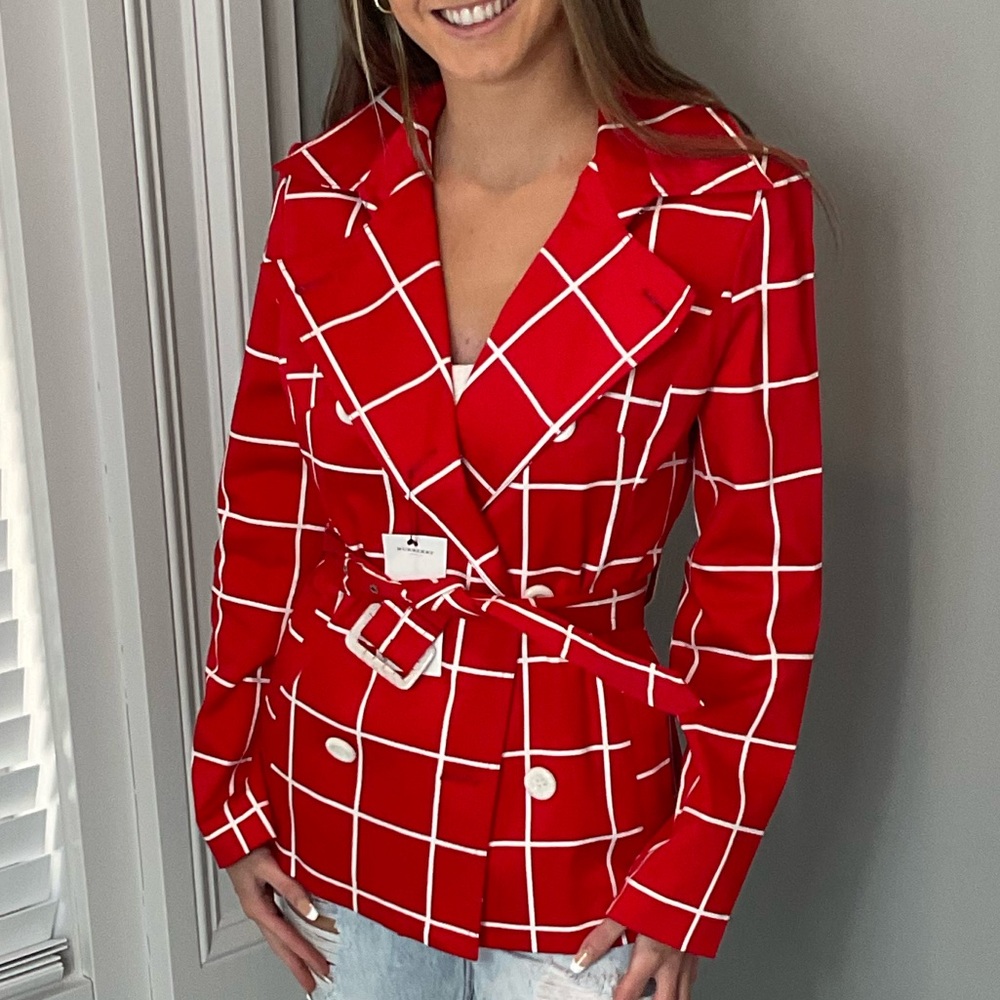 Burberry jacket in adorable red & white check.